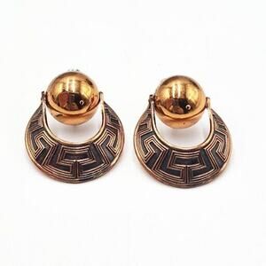 Vintage Copper Southwest Greek Key Design Screw Back Door Knocker Earrings MCM